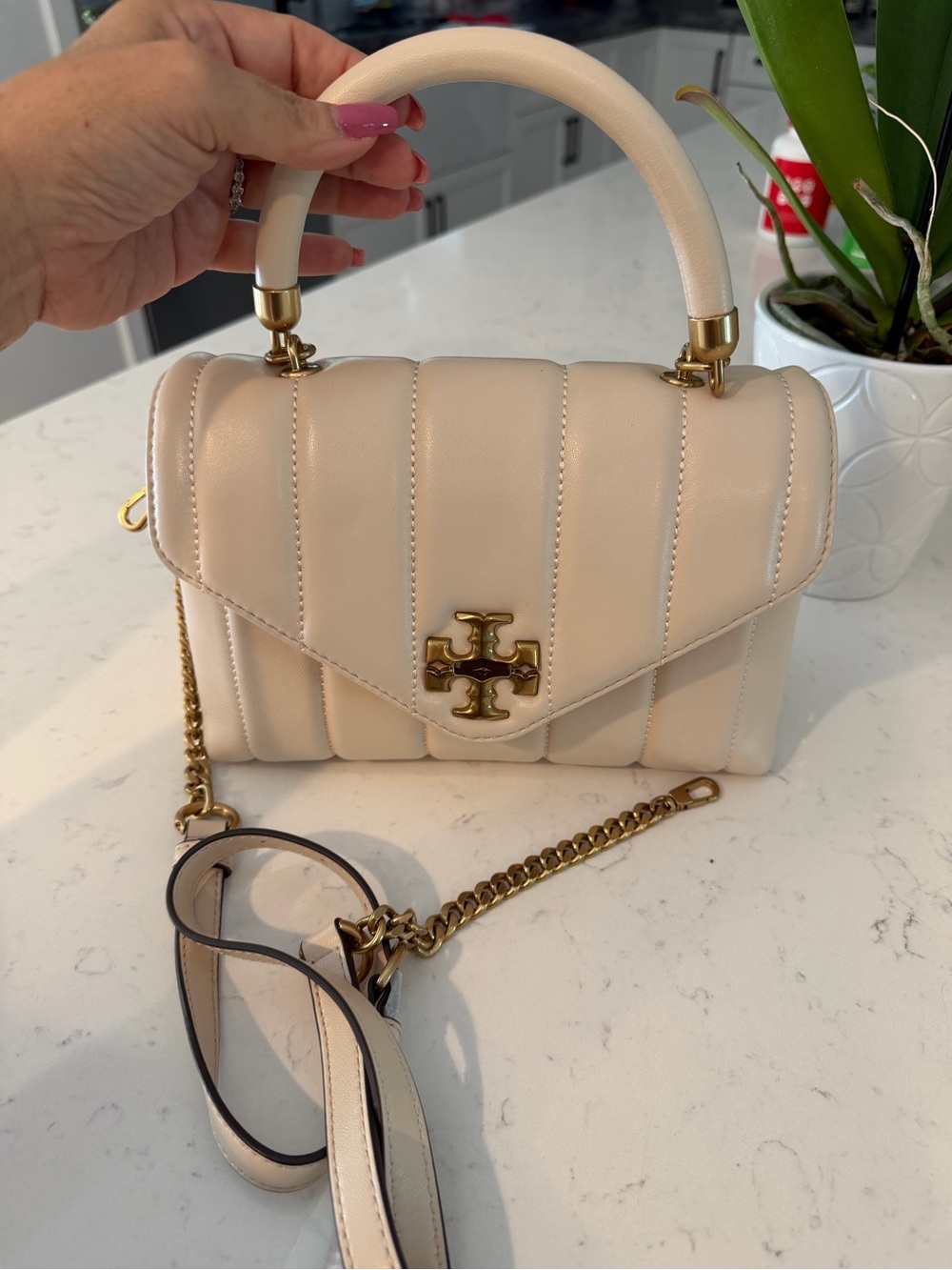 Tory Burch Cream Quilted Top-Handle Mini Bag with Gold Hardware